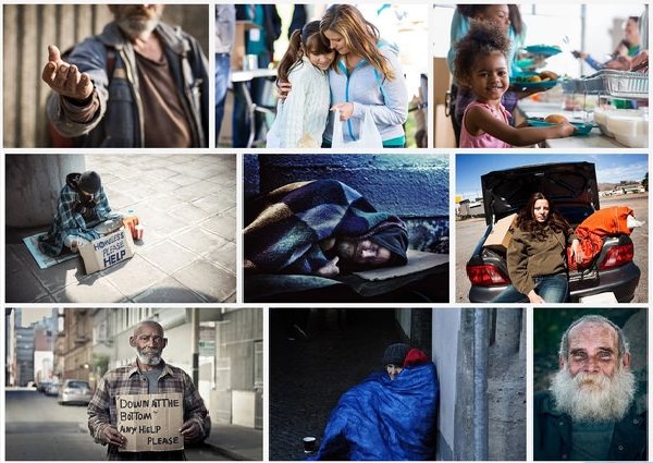 A collage of photos of homeless people and kids